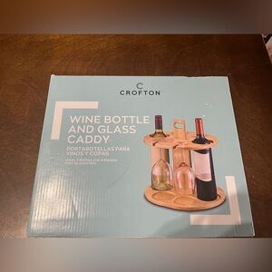 New in Box Croton Wooden Wine Bottle and Glass Caddy - Natural Brown